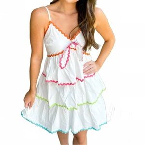 Colorful Trim White Mini Dress